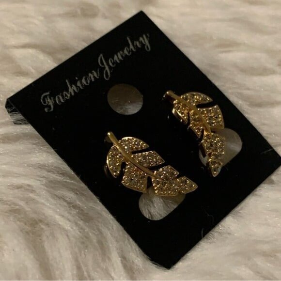24k Gold Plated Diamond Leaf Earrings - Picture 7 of 7